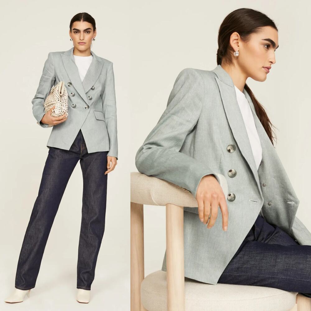 Veronica Beard Seaglass Miller Dickey Jacket Double Breasted Blazer Linen Gray 4